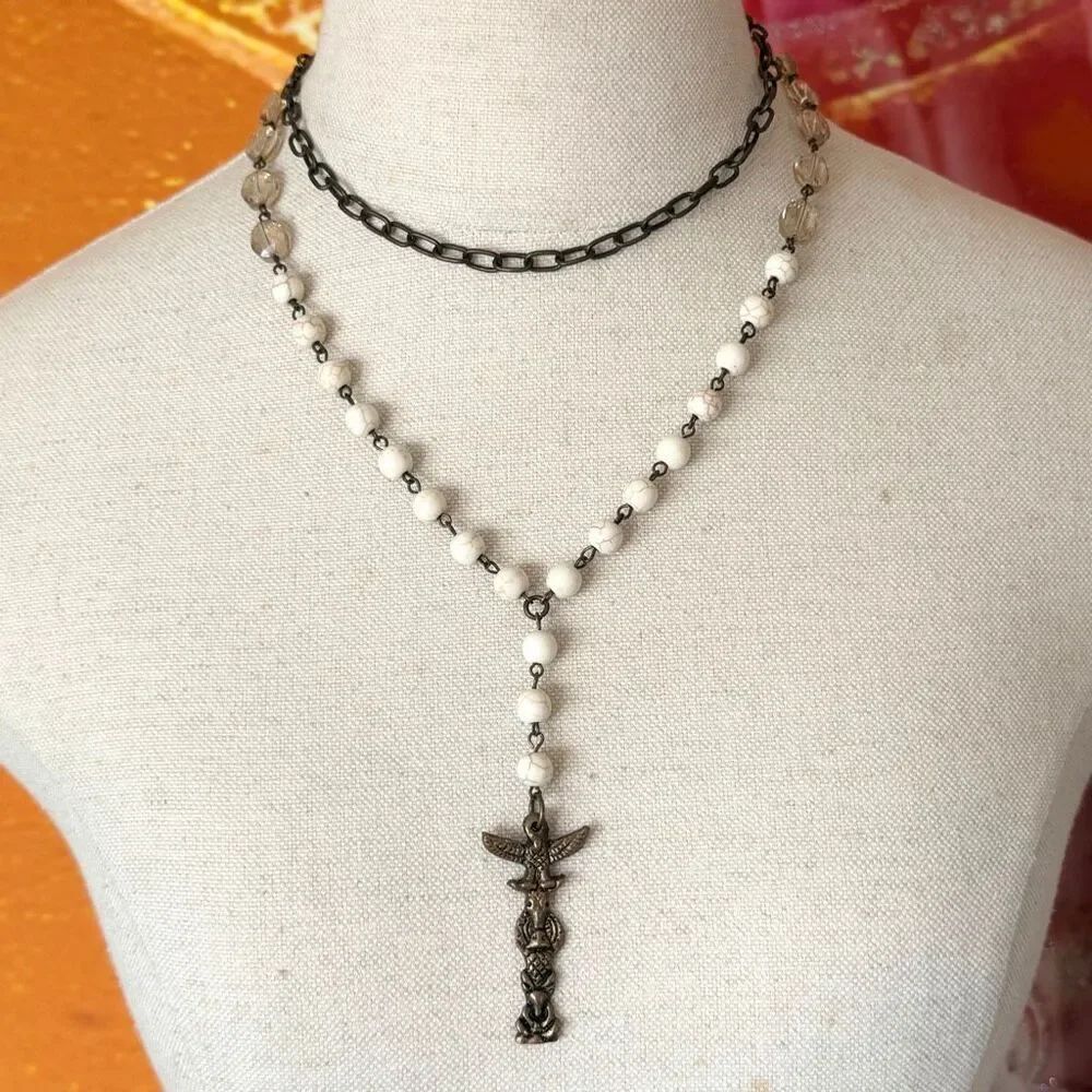 Lula 'n' Lee Artisan Totem Pendant Beaded Lariat Necklace – Crystal, Howlite